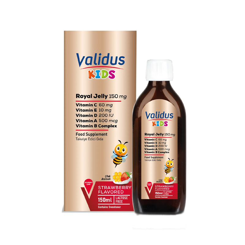 شربت ژل رویال مخصوص کودکان ولیدوس با طعم توت فرنگی Validus Royal Jelly Kids  حجم 150 میلی لیتر